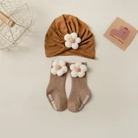 1set Flower Baby Turban Hat & Socks for Newborn Girls Bear Beanie Caps Non-slip Floor Stockings Toddler Hair Accessories 0-2Y 3