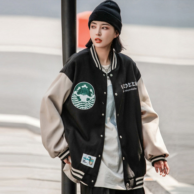 Spring Women Oversized Print Embroidered Splicing Baseball Uniforms Lovers Fashion Hip Hop O Neck Streetwear Jacket Coat