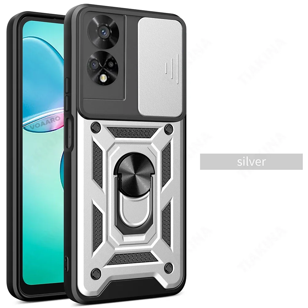 Protective Armor Case Cover with Slide Lens Camera Protection and Magnetic Ring Stand Holder