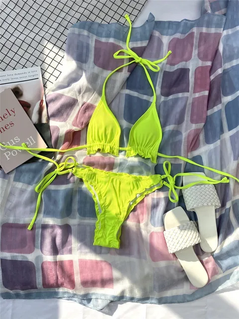 Maillot de bain femme 2 pièces couleur néon, vert, côtelé, triangle, deux pièces, bikini – Image 2