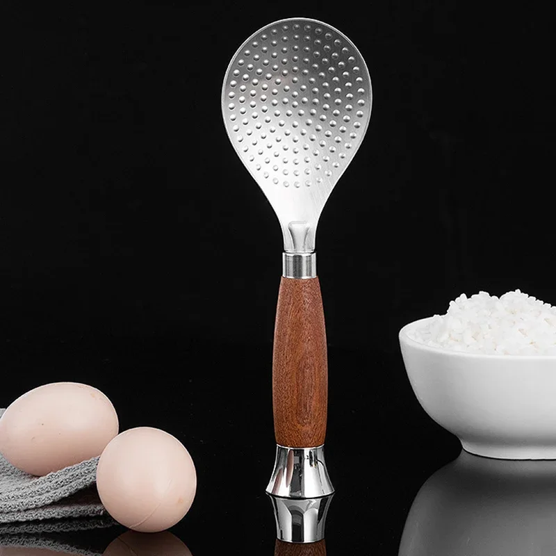 Rice Spoon Stainless Steel Rice Scoop Self Standing Wood Handle Metal Paddle Spatula Cooking Serving Spoon Kitchen Utensils