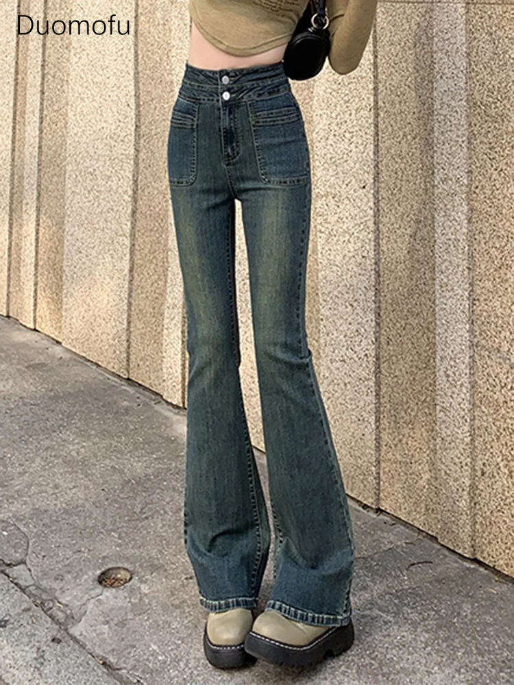

Duomofu Spring Vintage Distressed High Waist Slim Female Jeans Chic Elastic Flare Fashion Full Length Simple Washed Women Jeans