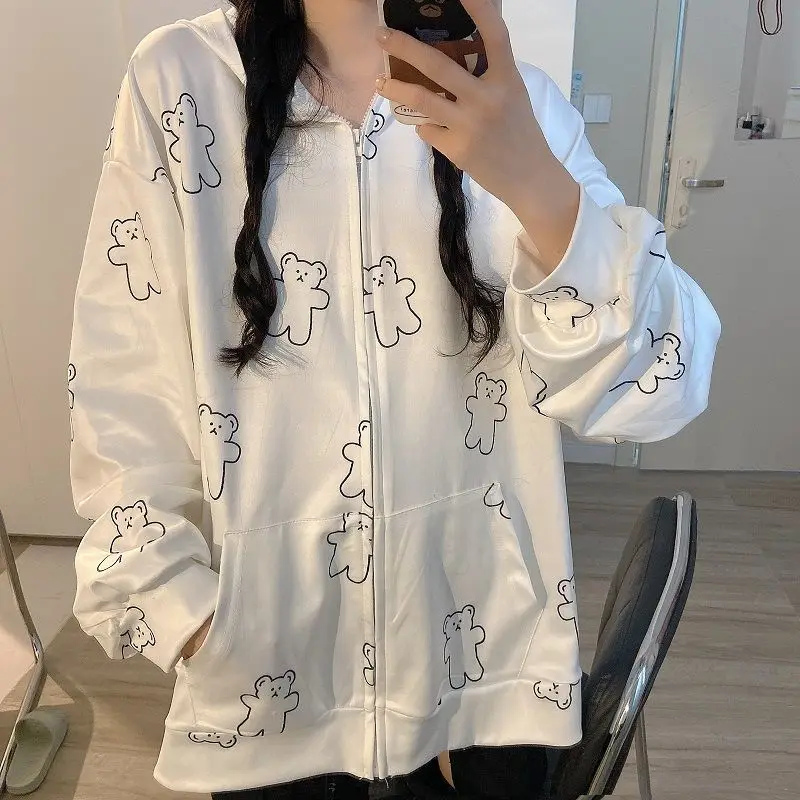 

White Y2k Kawaii Hoodies Women Korean Style Zip Up Hoodie 2022 Fashion Ladies Sweatshirt Long Sleeve Cute Top Harajuku Pullover