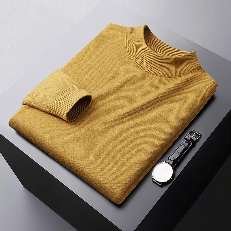 Winter warm sweater men's high-end simple all-matching slim fit stretch cold-resistant casual solid color round neck sweater 4