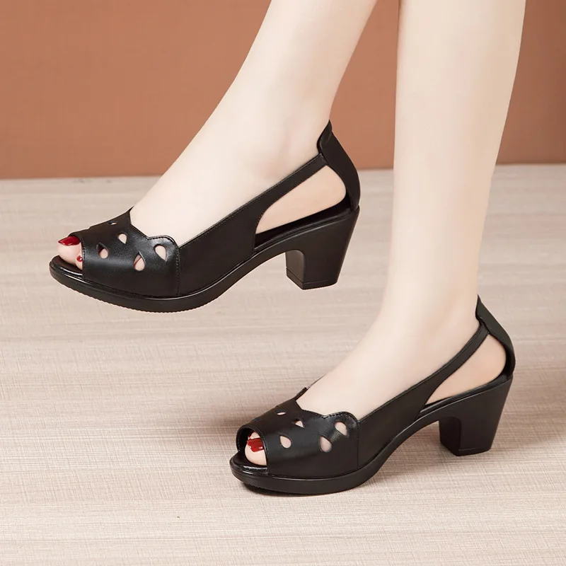 Comfortable Small Size 3243 Open Head Med Block Heels Shoes Soft