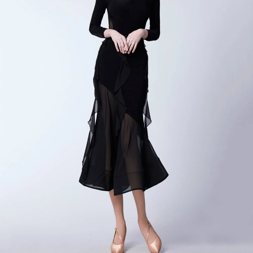 New Modern Dance Skirt For Women Adult National Standard Dance Mesh Half Skirt Chacha Ballroom Performance Wear DN19849