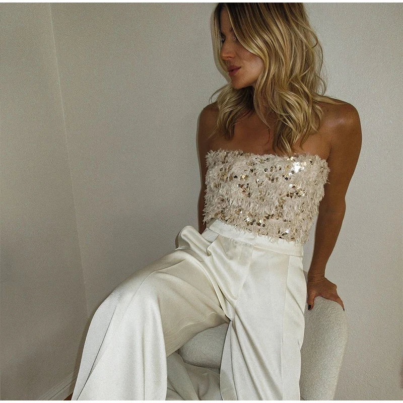 Sexy Plush Sequin Strapless Tube Tops Women Retro Solid Feather Glitter Sleeveless Corset Tops Female Spring Chic Streetwear