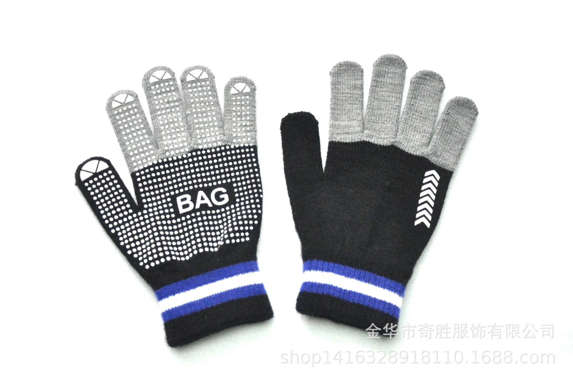 Men's and women's winter cycling spot grain non slip warm knitted gloves high elastic five finger color matching gloves