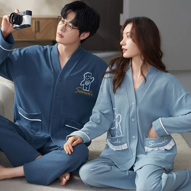 men s spring autumn pajamas boys cotton long sleeves trousers sleepwear suits casual plus size loungewear set youth loose pyjama 2024 Spring Autumn Couple Pajamas Set Men's Cotton Long-sleeved Sleepwear Suit Loose Plus Size Loungewear Women Casual Nitgowns