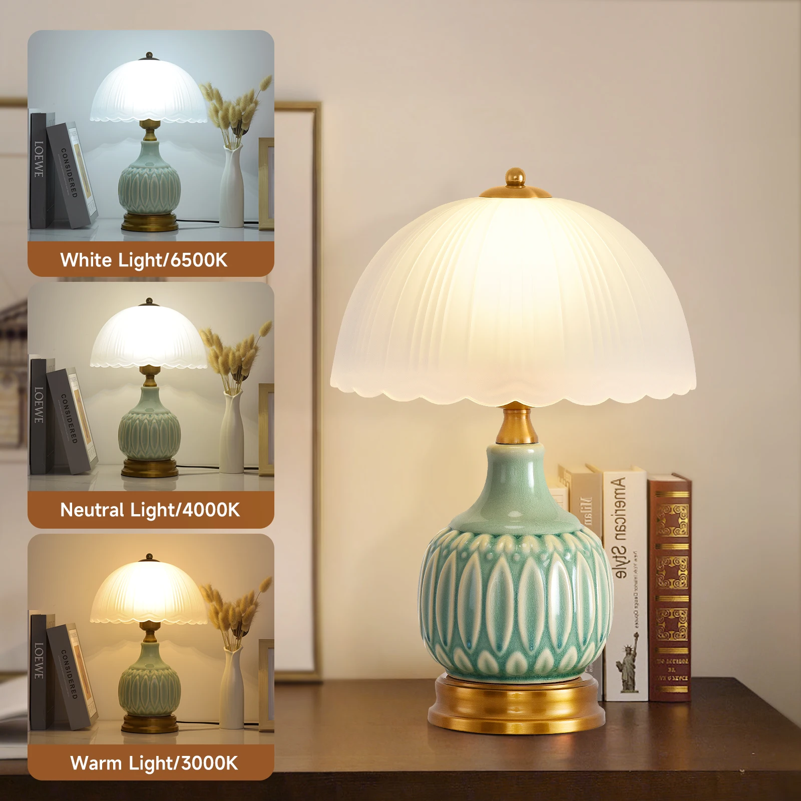 Vintage Lamp for Living Room,16" Modern Ceramic Table Lamps for Bedroom,Retro Bedside Nightstand Traditional Lamps,Classic Chino
