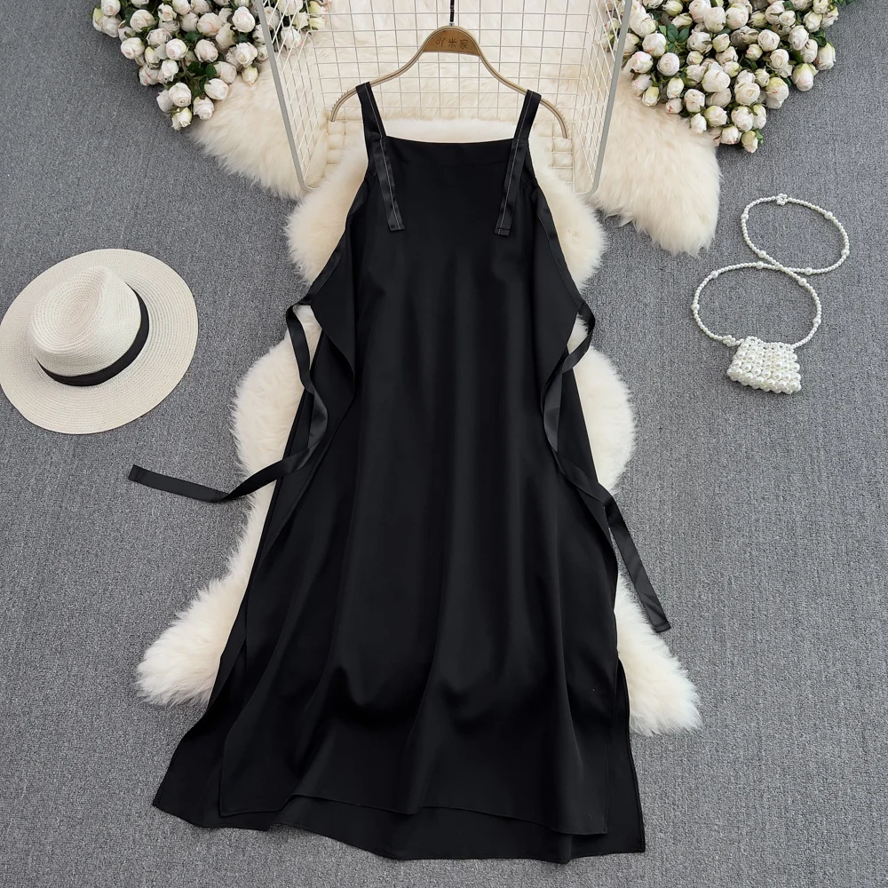 

Hepburn Style Long Black Sing Dress 2022 Summer New Streetwear Girls Mid-length Backless Sleeveless Lace Loose Midi Dress Women