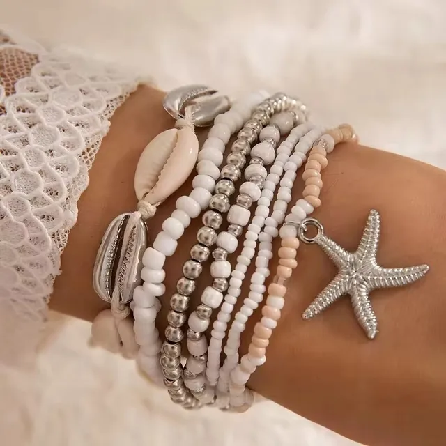 Tocona Bohemian Resort Style Shell Beaded Weaving Bracelet Beach Style Starfish Rice Beads Seven Piece Set for Women 25134 2