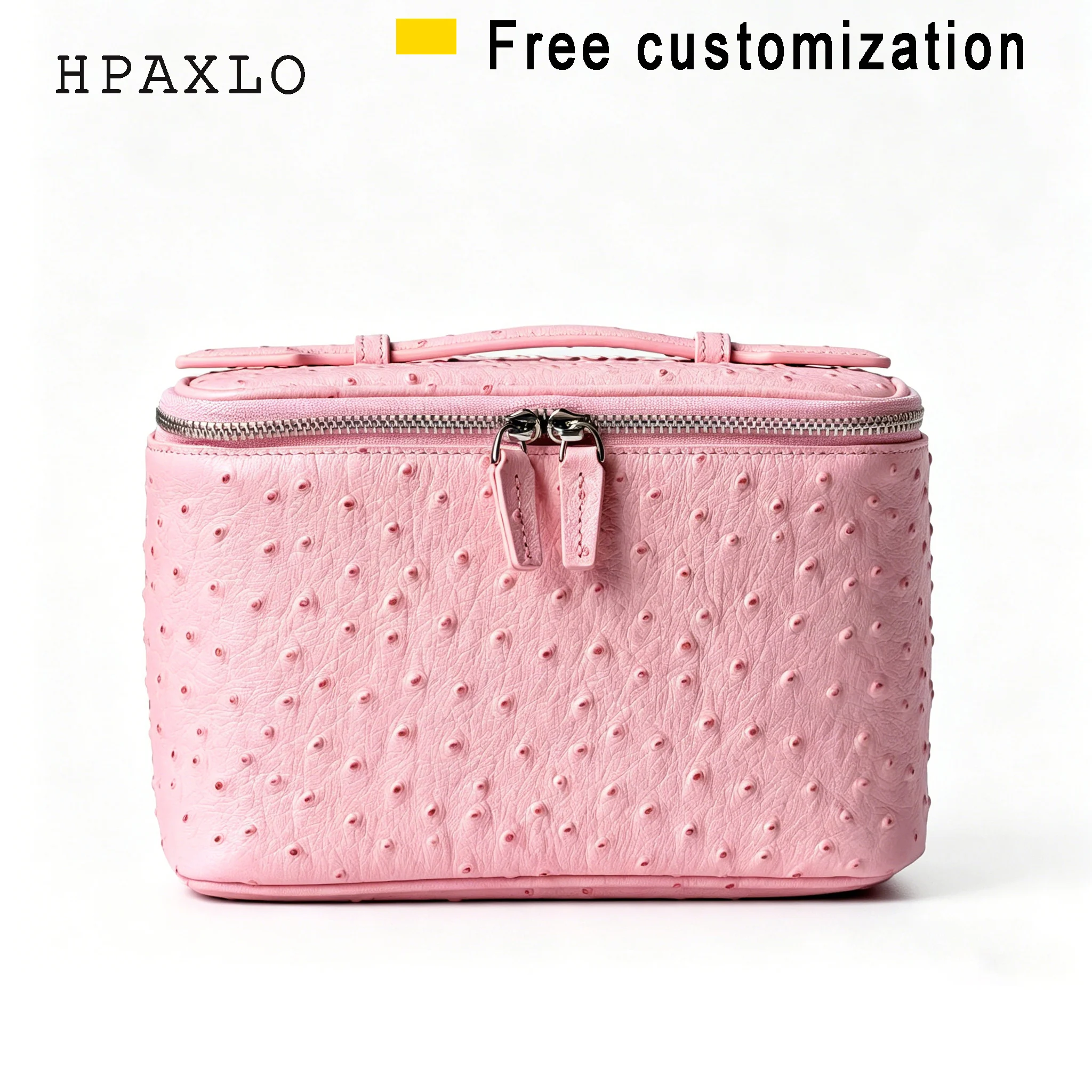 Ostrich Pattern Cowhide Cosmetic Bag New Pink Large Capacity Genuine Leather Portable Travel Toiletry Storage Cosmetic Bag 1