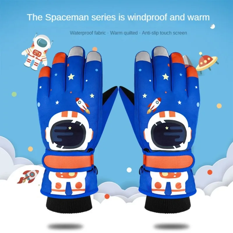 Childrens Winter Skiing Gloves Astronaut Five Finger Primary School Students Riding Thick Windproof and Warm Gloves Touch Screen