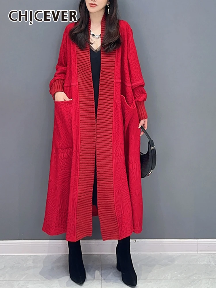 

CHICEVER Minimalist Loose Knitting Cardigan For Women V Neck Long Sleeve Patchwork Pockets Korean Temperament Solid Coats Female