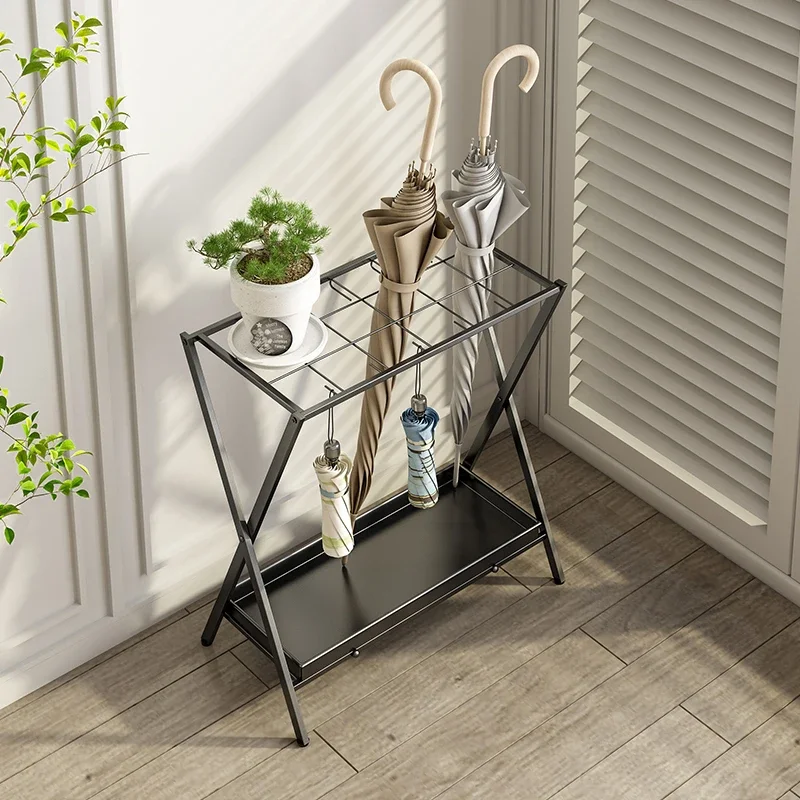 Iron Umbrella Storage Rack Rust-Proof Lobby Umbrella Stand Foldable Holder with Draining Tray for Entryway Hallway