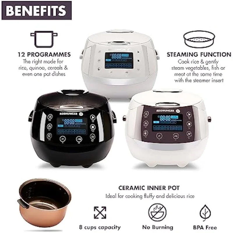 Reishunger Digital Rice Cooker and Steamer, White, Timer - 8 Cups - Premium  Inner Pot, Multi Cooker with 12 Programs & 7-Phase Technology for Brown