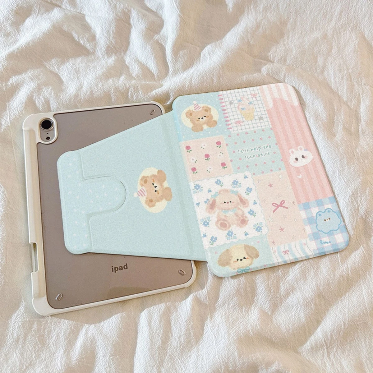 Adorable Rotating Bear Tablet Case with Grid Design