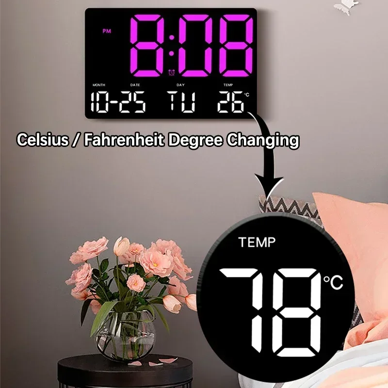Digital Wall Clock with LED Display and Temperature - Large Screen