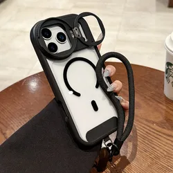 Luxury Magnetic Lens Bracket Lanyard Phone Case with Air Flip Stand and Transparent Cover - iPhone 15 (Black)