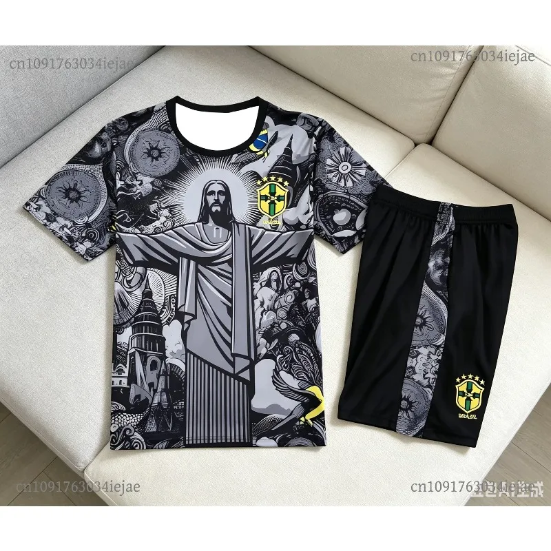 2026 Streetwear 2-teiliges Set für Erwachsene und Kinder Brasilien Christus der Erlöser Kurzarm-T-Shirt Shorts Sommer Fußball-Trainingsanzug