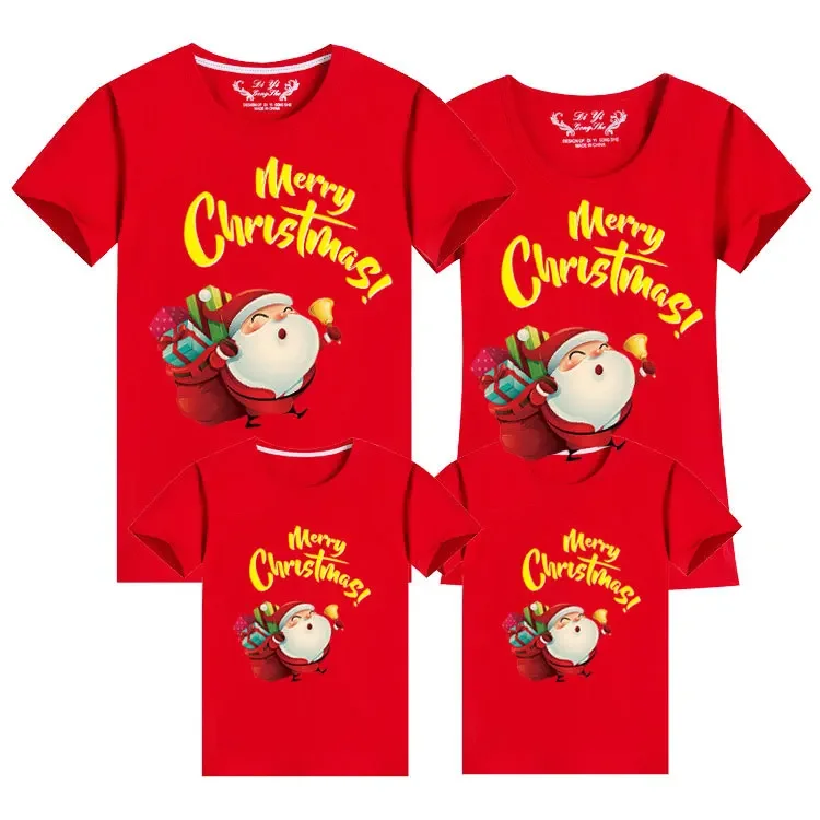 Camisetas con estampado de alce de Papá Noel para parejas, camisetas navideñas de algodón de manga corta, ropa a juego para la familia, camisetas para papá, mamá, hija, conjuntos familiares