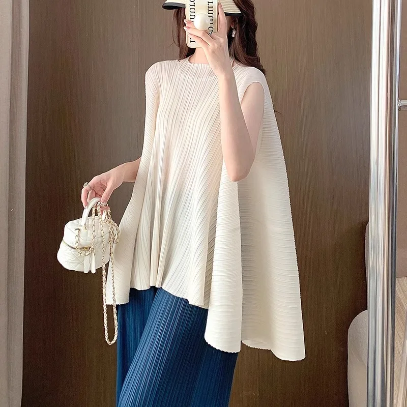 

Новинка лета 2024 года, роскошный элегантный небольшой дизайн с воротником-стойкой, Свободный Асимметричный топ, Сексуальная футболка с круглым вырезом и рукавом летучая мышь