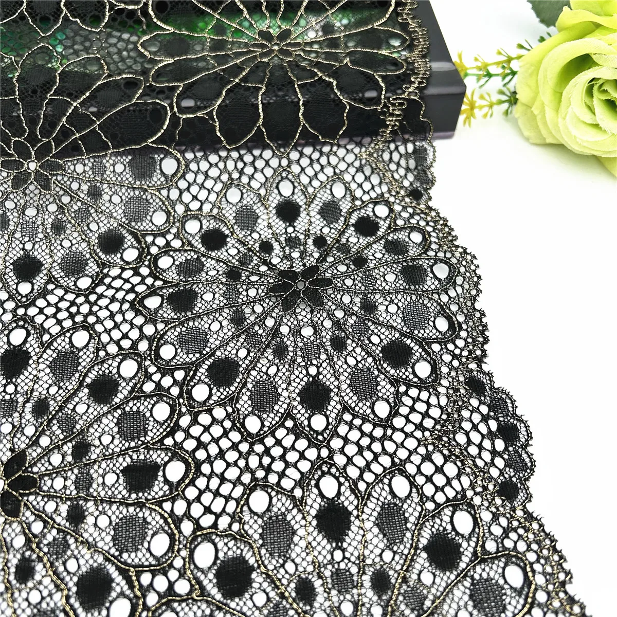 3y/lot Width 22.50cm Black With Gold Elastic Stretch Lace Trim Skirt Hem For Clothes Sewing Accessories Lingerie Dress Sleeve 2