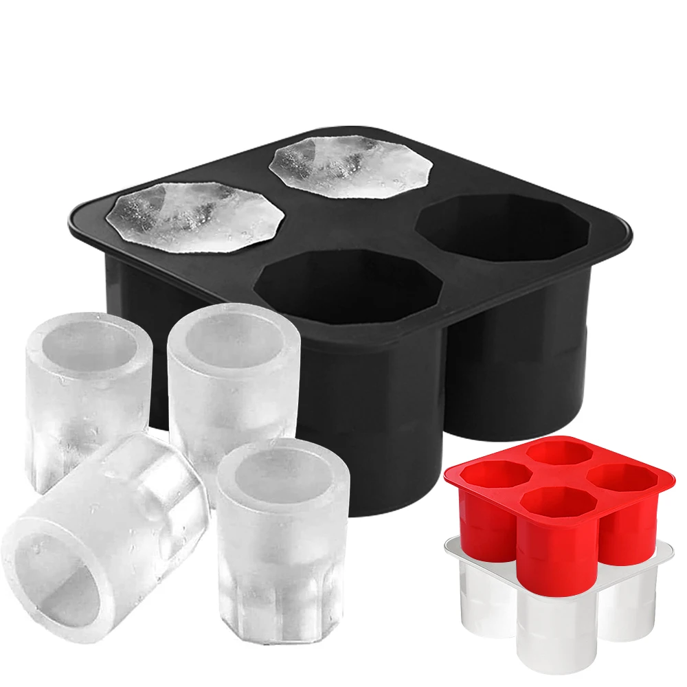 4 Cavities Silicone Shot Glass Ice Molds Reusable Whiskey Ice Cube Trays for Freezer Food Grade