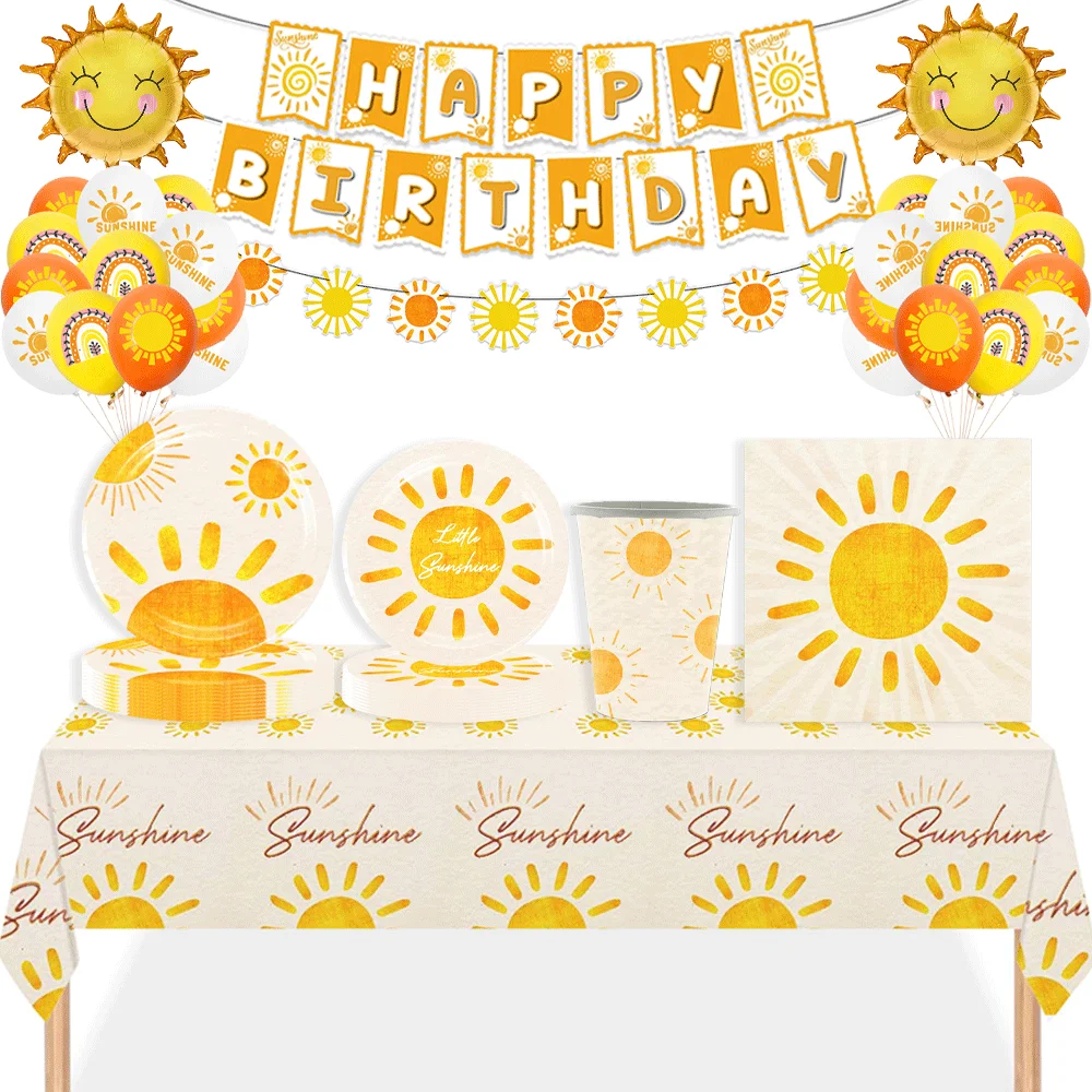 Gelbes Partyzubehör mit Sonnenmotiv, Boho-Teller, Servietten, Tassen, Banner, Ballon, Sonnenschein, Geburtstag, erste Reise um die Sonne, Dekorationen