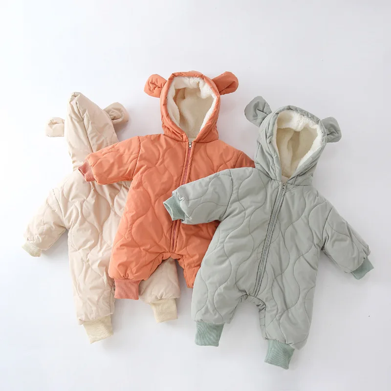 

Newborn rompers winter girls boys lamb velvet warm simple baby jumpsuit thickened and velvet out quilted warm rompers