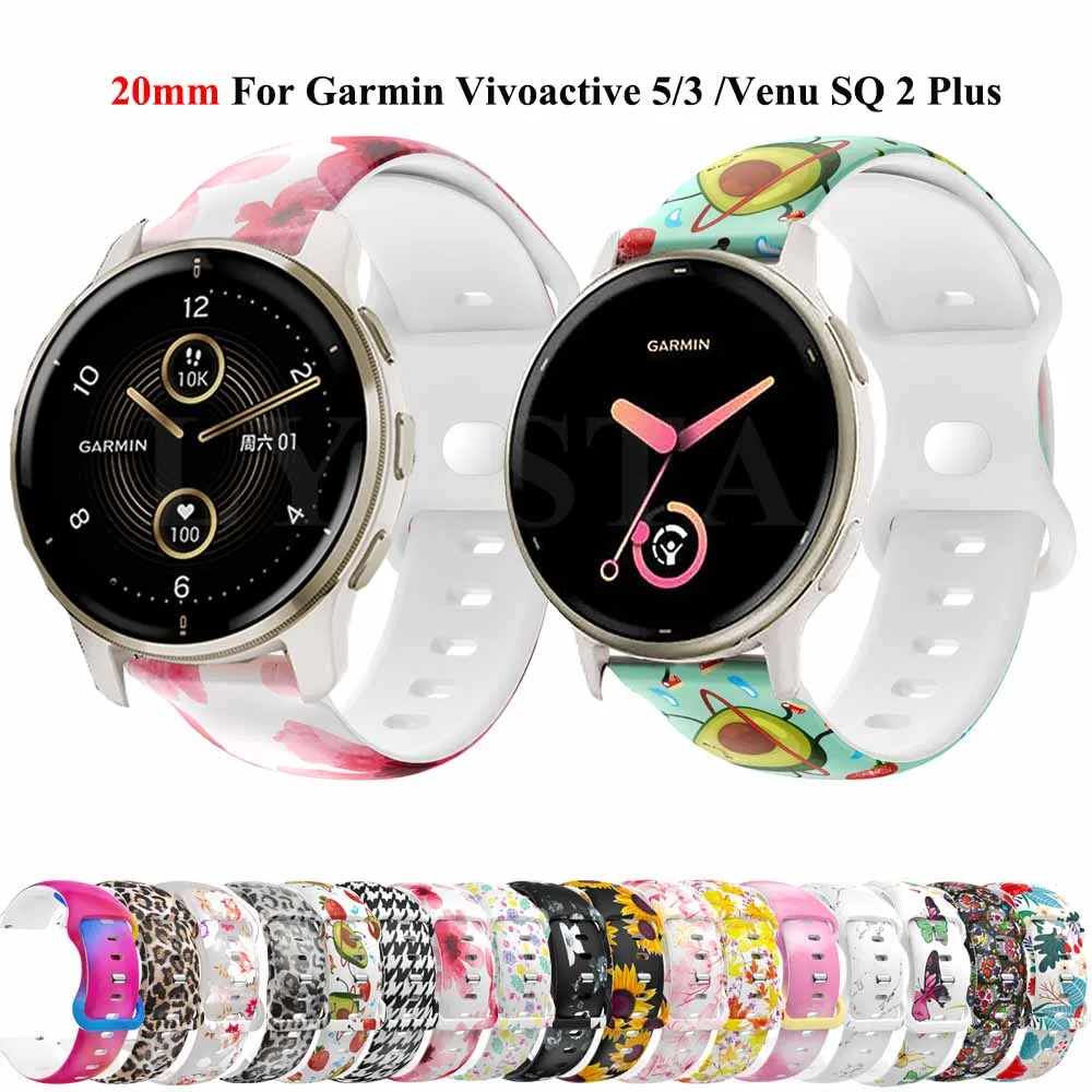 

20mm Watch Strap For Garmin Vivoactive 5 3 Venu SQ Vivomove HR Silicone Printing Band Forerunner 645M 245M 55 Watchband Bracelet