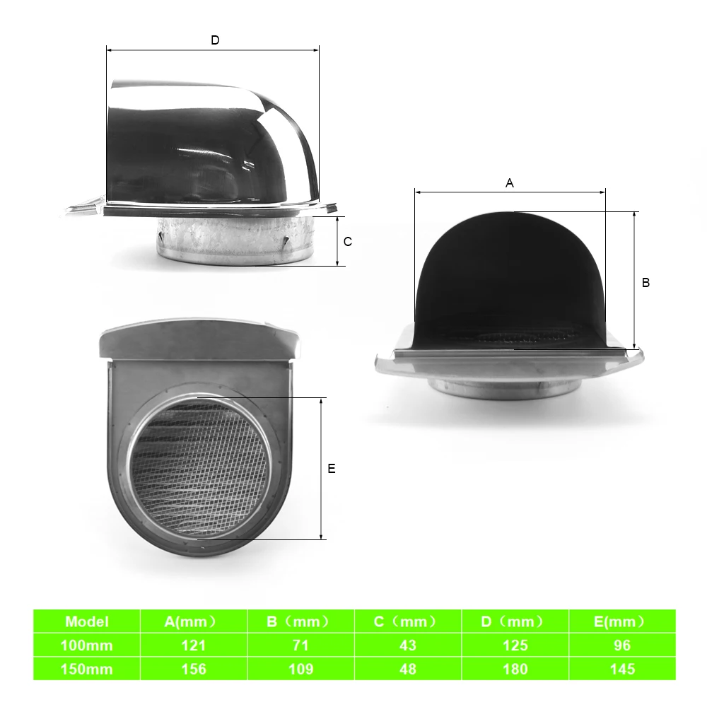 100mm 150mm 201 Stainless Steel Wall Air Vent Hood Ducting Anti-Corrosion Exhaust Grille for Wall Air Outlet Cover