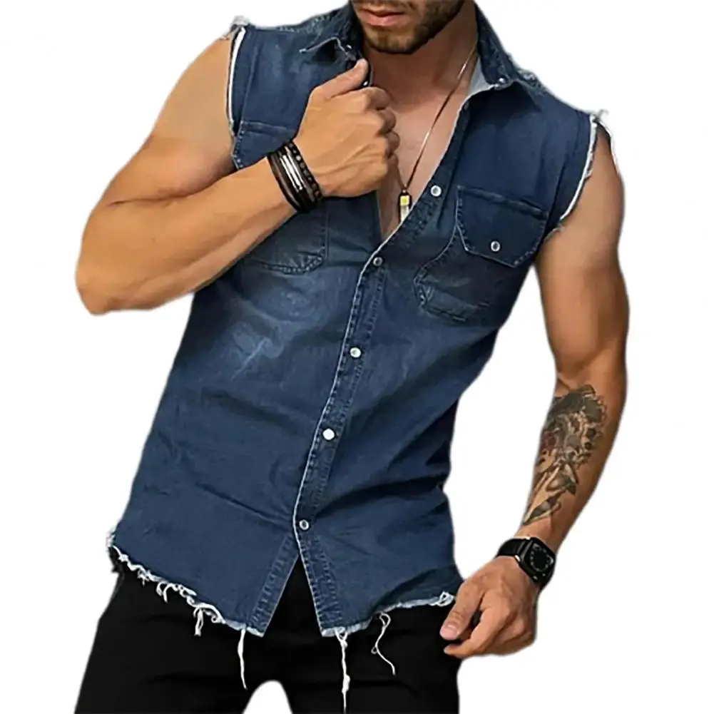Trendy Vest Coat Sleeveless 3D Cutting Slim Fit Denim Vest Jacket  Shrink Resistant Denim Jacket Daily Clothing