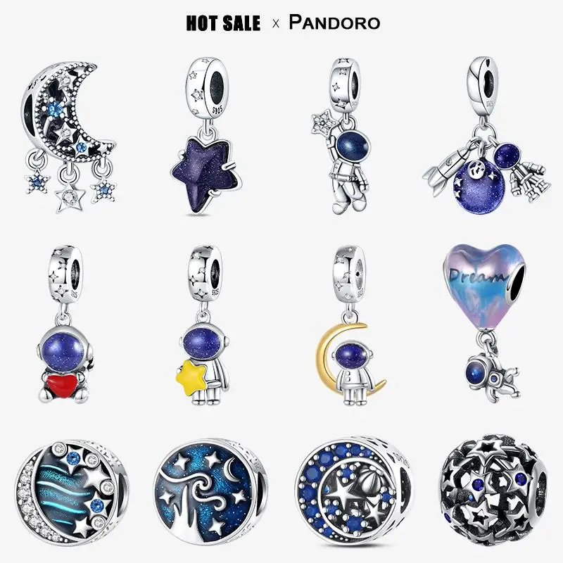 925 Argento Charm Beads Astronaut Beads Astronauta Bracciale Ciondolo Perline Luna Cielo Stellato Ciondolo Charm Gioielli In Argento Fai Da Te Pandoro