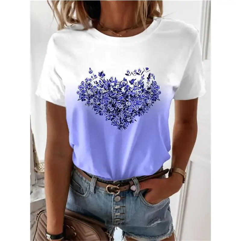 Blouse Woman 2022 Summer Fashion Round Neck Short Sleeve Top Heart