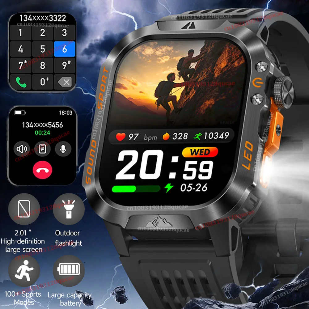 2026 New Smart Watch Men's Outdoor Watch 2.01Inch Voice Assistant Bluetooth Call with LED Flashlight IP68 Waterproof Smart Watch 1