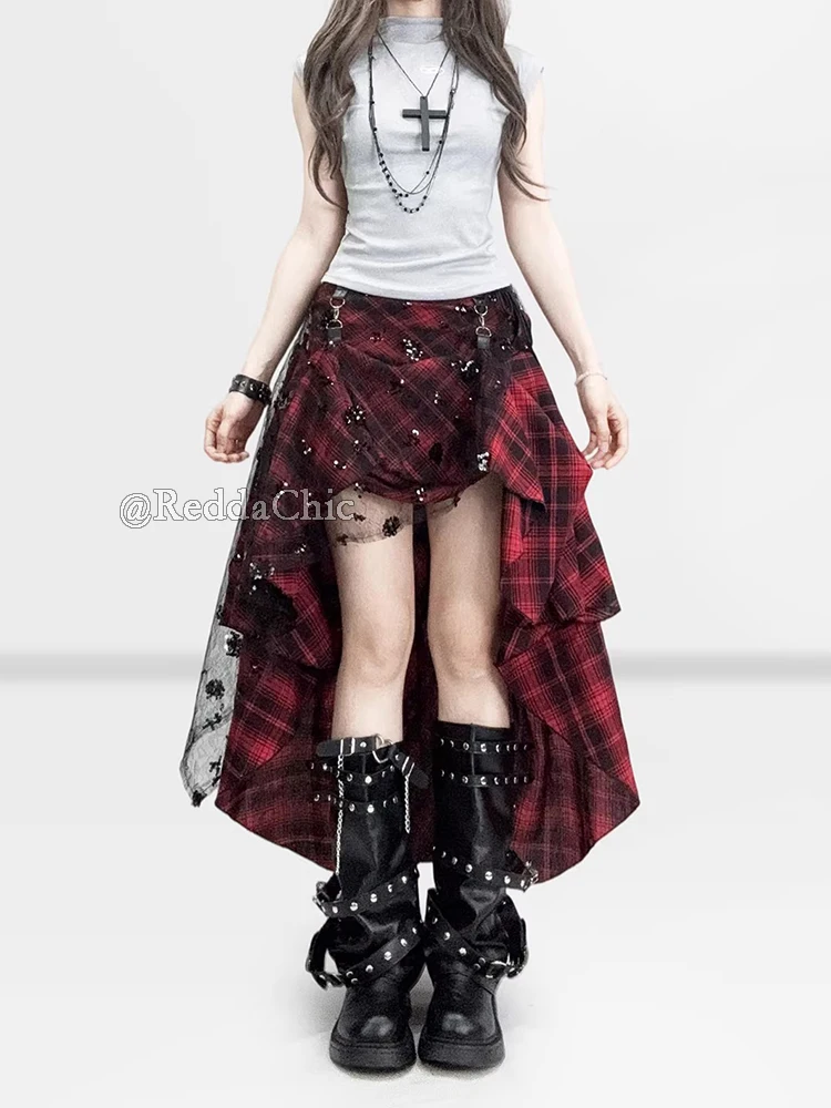 REDDACHiC 3-WAY Bustle Skirt Sequin Sarong Goth Irregular High Low Adjustable Low Rise Plaid Long Skirt Grunge Women Alt Clothes