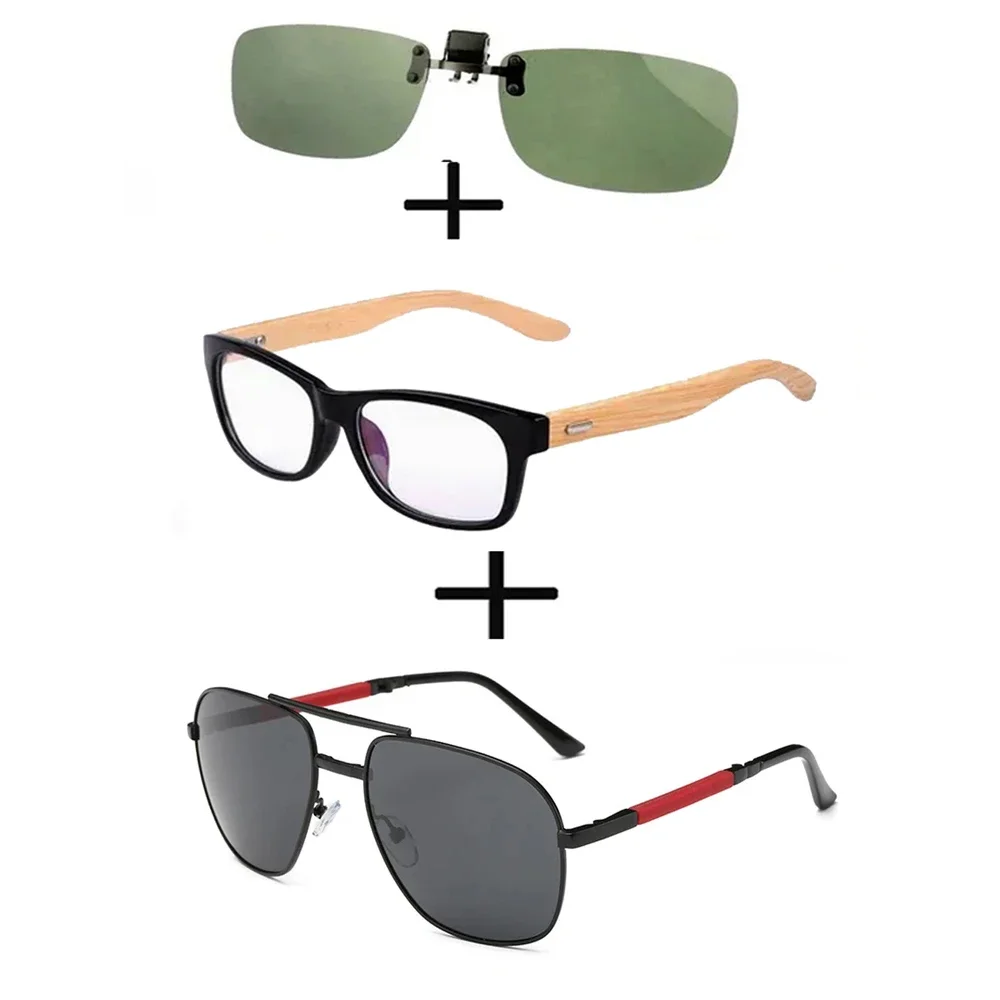 

3Pcs!!! Comfortable Wooden Squared Frame Reading Glasses for Men Women + Alloy Polarized Sunglasses Pillot + Sunglasses Clip