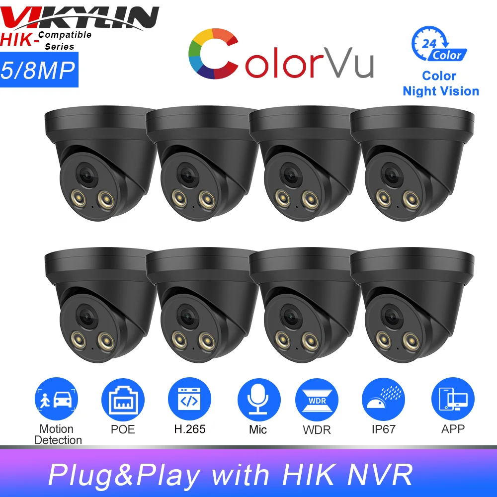 

Vikylin Hikvision Compatible 5MP 8MP Colorvu IP Camera Built in MIC Human Vehicle Detection Surveillance IPC Plug&Play HIK NVR