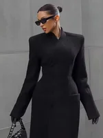 HH femme hiver mode simple boutonnage manches longues taille Long manteau femme col montant poches chaud solide laine manteau 3