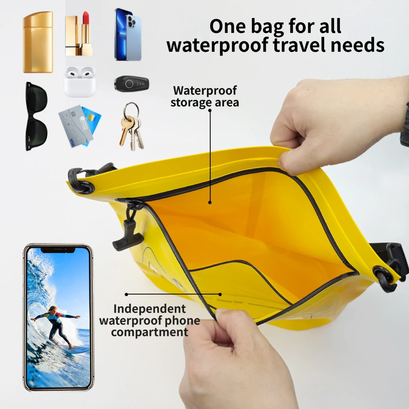 방수 원숄더백 IPX7 인증 PVC 소재 수영 다이빙 해변 여행용 500ml 용량 26x11x22.5cm