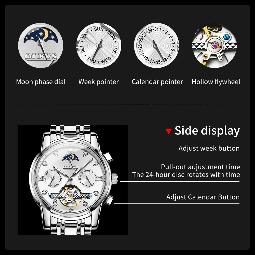 OLEVS 6678 Original Automatic Watch for Men Stainless Steel Waterproof Luminous Calendar Moon Phase Hollow Mechanical Man Watch