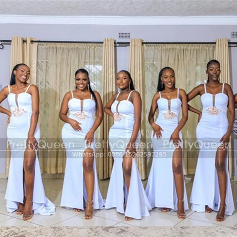 

White Mermaid High Split Bridesmaid Dresses With Appliques Spagetti Straps Long Formal Party Dress Wedding Guest