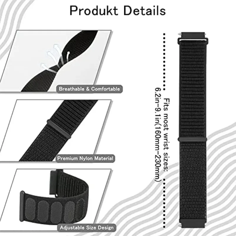 Breathable Nylon Loop Strap Wristband Bracelet, 20mm 22mm