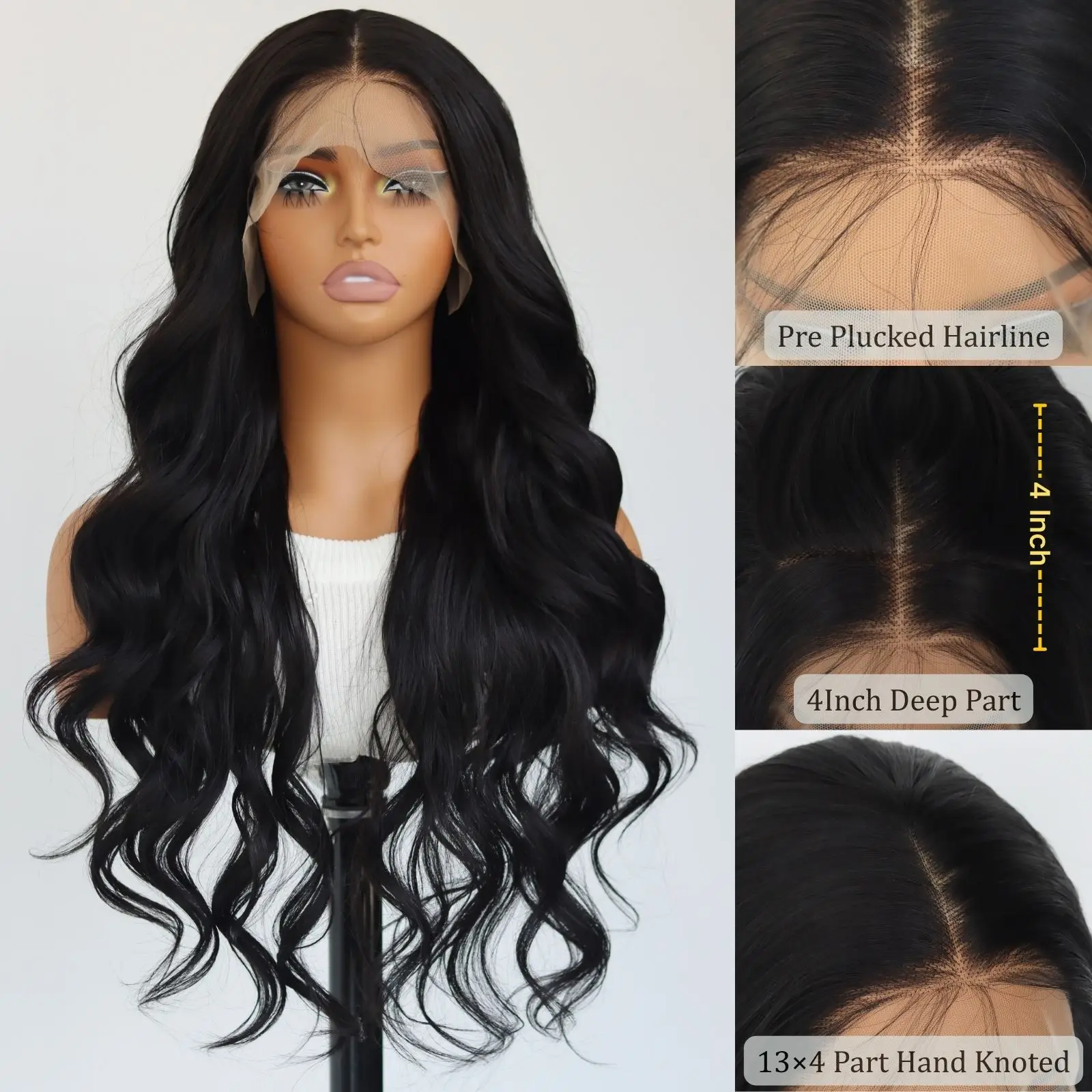 Natural Black 13×4 Lace Front Wig Long Body Wavy Synthetic Wigs Pre Plucked Natural Hairline Wig For Women