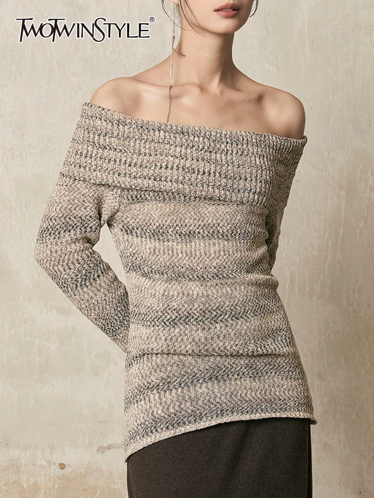 

TWOTWINSTYLE Colorblock Casual Slimming Knitting Sweaters For Women Slash Neck Off Shoulder Long Sleeve Pullover Sweater Female