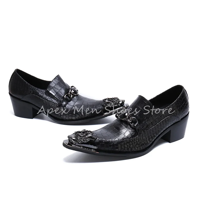 Pointed Cool Checkered Pattern Brogue Shoes Luxury Metal Toe Gem Buckle Cowhide Vintage Men's Shoes Formal