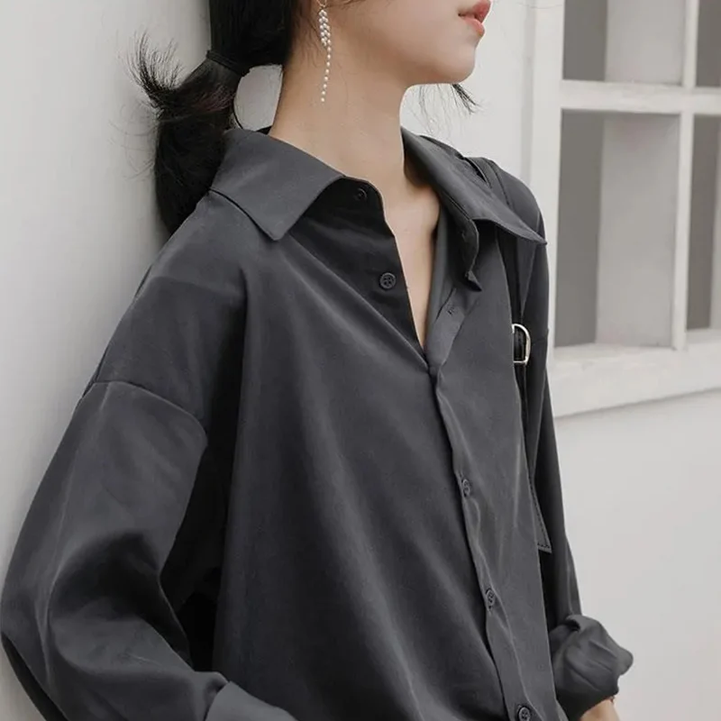 

Rimocy Elegant Chic Long Sleeve Blouses Women 2023 Vintage Black Gray Long Sleeve Shirt Woman Loose Button Up Female Shirts Tops
