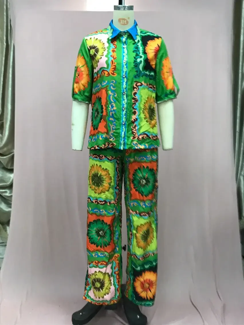 New Two Piece Casual Set Womens Summer Print Shirt with Wide Leg Pants for Beach Holiday